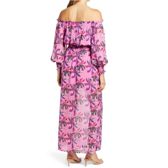 💕WAYF💕 Off Shoulder Shoulder Maxi Dress ~ Pink Birds of Paradise XS (*No Belt) - Picture 4 of 16